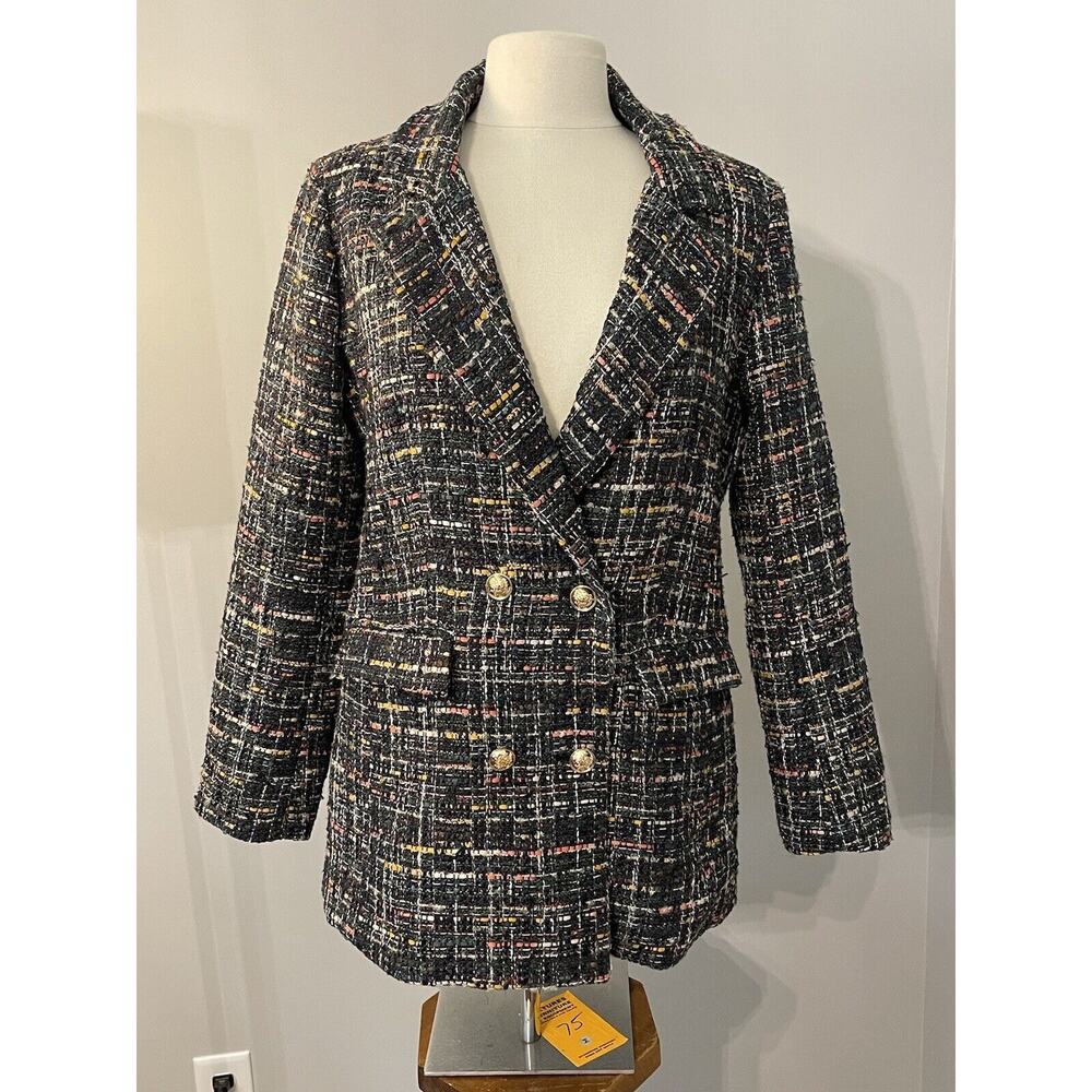 NWT Rachel Zoe Black Multicolor Tweed Double-Breasted Blazer